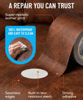 Brown Leather Repair Tape Kit 2.25 Inch By 15 Foot Realistic Faux Leather Patches on brown leather backdrop.