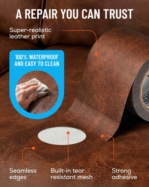Brown Leather Repair Tape Kit 2.25 Inch By 15 Foot Realistic Faux Leather Patches on brown leather backdrop.