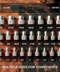 27 Piece Screw Extractor Set With Three Eighth Inch Drive Pro Grade Heavy Duty Chrome Molybdenum Alloy Steel Bolt Remover Multi Spline Easy Out For Broken Bolts Screws Studs displayed in different sizes on grid