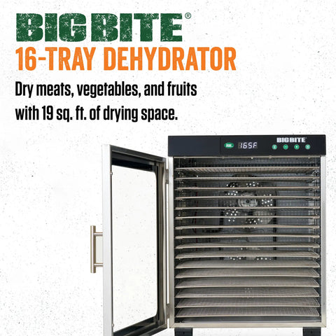 Top Shelf 16 Tray Stainless Steel Food Dehydrator Engineered For Homemade Snacks Jerky Fruits And Veggies With Huge Capacity Countertop Kitchen Appliance with open door and 19 sq. ft. of drying space.