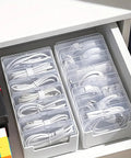 Clear Cable Organizer Storage Box With 7 Wire Ties, Stackable Desktop Cable Management Box in drawer with cables organized
