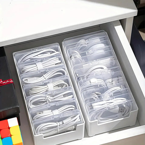 Clear Cable Organizer Storage Box With 7 Wire Ties, Stackable Desktop Cable Management Box in drawer with cables organized