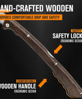 Close-up of 7 Inch Folding Hand Saw with Wenge Wood Handle And Leather Sheath showing ergonomic design and safety lock.