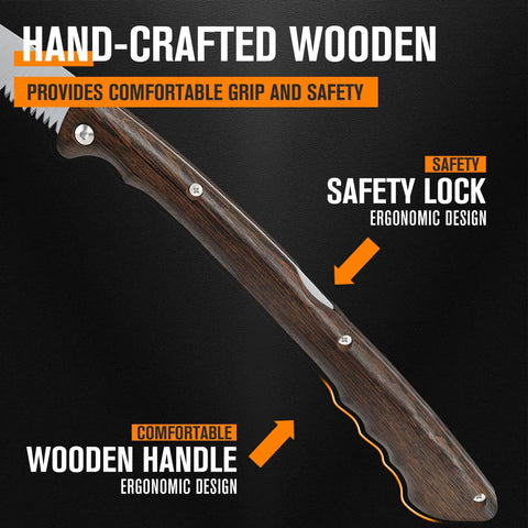 Close-up of 7 Inch Folding Hand Saw with Wenge Wood Handle And Leather Sheath showing ergonomic design and safety lock.