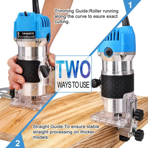 Compact Palm Router Kit For Woodworking With 800W 110V Electric Trimmer showing two operation modes on wood surface
