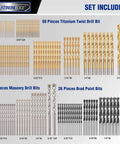 PLATINUMEDGE 140-piece drill bit set in hard case: 88 titanium twist bits, 26 masonry bits, 26 brad-point bits.