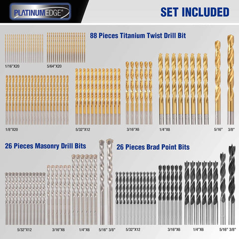 PLATINUMEDGE 140-piece drill bit set in hard case: 88 titanium twist bits, 26 masonry bits, 26 brad-point bits.