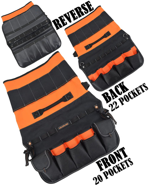 5 Gallon Bucket Tool Organizer With 47 Pockets Heavy Duty 1680D Ballistic Fabric Bucket Bag Holder front and back view