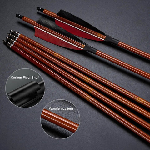 Premium 30 Inch Carbon Hunting Arrows With Real 4 Inch Turkey Feather Fletching And Removable Tips 500 Spine Practice Target Arrows For Compound Recurve And Longbows 12 Pack Brown Shaft