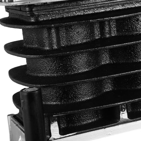 Close-up of Heavy Duty 3HP Air Compressor Pump Featuring Twin Cylinder Aluminum Head, showcasing textured black surface and cooling fins.
