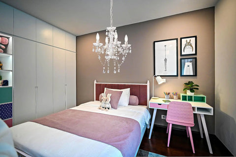 Bedroom with White Mini Crystal Chandelier Lighting For Bedroom Lit Four Light Modern Hardwired Pendant Fixture above bed