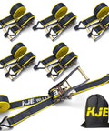 Heavy Duty Ratchet Straps 6 Pack 2 Inch By 15 Foot With J Hooks 5500 Lbs Max Break Strength, black webbing, storage bag.