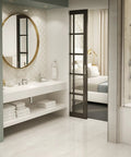 Modern bathroom with Identity Single Handle Tub And Hand Shower Trim In Satin Nickel, 1.5 GPM Flow, 60-Inch Hose, and Metal Lever.