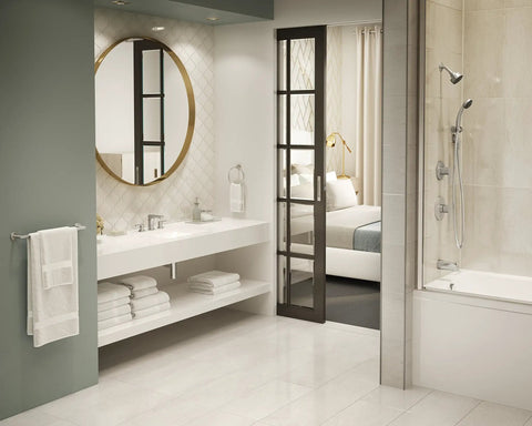 Modern bathroom with Identity Single Handle Tub And Hand Shower Trim In Satin Nickel, 1.5 GPM Flow, 60-Inch Hose, and Metal Lever.