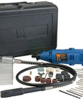 Front view of WEN 2305 rotary tool kit with flex shaft; blue handheld tool, coiled shaft, and black carrying case.