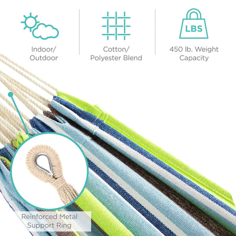 Close-up of Two Person Indoor Outdoor Hammock With Steel Stand Cozy Brazilian Gathered End Style Cotton Bed For A Cocoon Vibe Carrying Bag Included Blue Green Stripes showing reinforced metal support ring