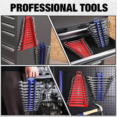 Heavy Duty Magnetic Wrench Organizer Four Pack Tool Storage Rack With Fifteen And Twelve Slot Grippers For Metric And Sae Wrenches Keeps Your Garage Setup Dead Tight And Zero Fuss