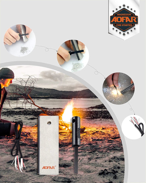 Man using AF-374 Two Pack Magnesium Fire Starter With Waterproof Fire Steel Pouch for camping near lake.