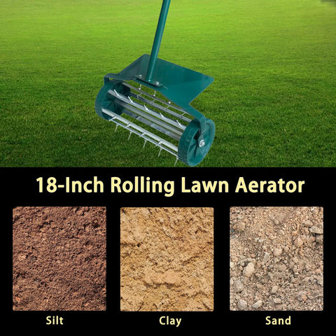 Heavy Duty 18 Inch Rotary Spike Lawn Aerator With Mud Guard Built Tough Steel Body Lightweight Design 41 Inch Extended Handle