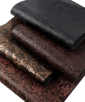 Snag This Hella Cool 4 Pack Of Faux Leather Sheets Measuring 7.7 By 12.9 Inches With A Bold Bump Texture And Dope Geometric Prints Perfect For Easy DIY Crafts And Jewelry Projects Ships Flat, showcasing black and bronze floral textured sheets.