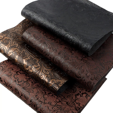 Snag This Hella Cool 4 Pack Of Faux Leather Sheets Measuring 7.7 By 12.9 Inches With A Bold Bump Texture And Dope Geometric Prints Perfect For Easy DIY Crafts And Jewelry Projects Ships Flat, showcasing black and bronze floral textured sheets.
