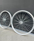 Side view of Beefy 26 Inch Bike Rim Wheel Set Built Tough With Double Wall Aluminum Alloy, 12 Gauge 48 Spokes, silver finish.