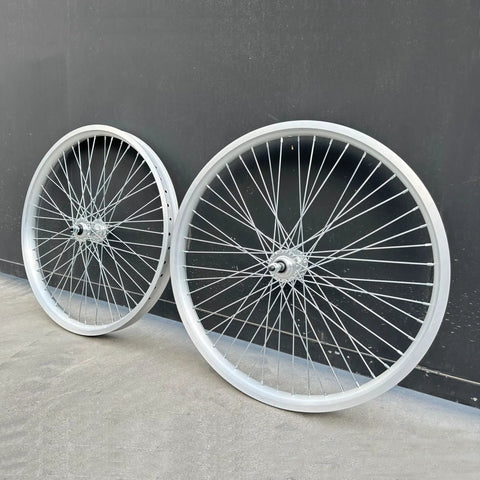 Side view of Beefy 26 Inch Bike Rim Wheel Set Built Tough With Double Wall Aluminum Alloy, 12 Gauge 48 Spokes, silver finish.