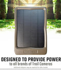 Reveal 12V External Solar Panel With Integrated Rechargeable Battery displayed in a forest setting.