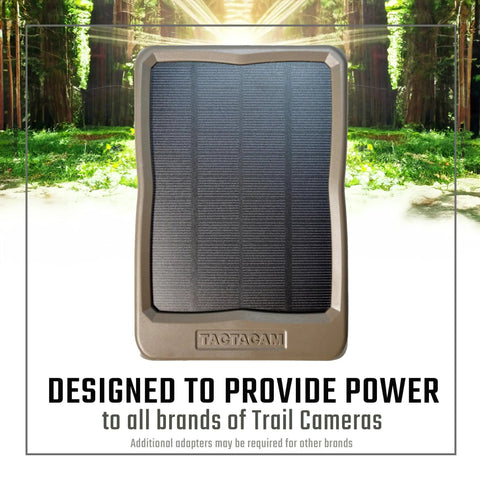 Reveal 12V External Solar Panel With Integrated Rechargeable Battery displayed in a forest setting.