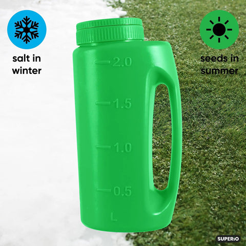 Handheld Lawn Seed Spreader With Adjustable Hole Size Dial Lid, 2 Liter Capacity, Easy Fill Shaker for seasonal use