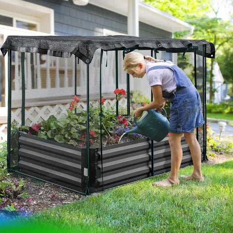 Woman using Galvanized Raised Garden Bed With Crop Cage Net Tent And Shade Cloth Kit For Outdoor Veggies And Fruits, Bird And Pest Protection, Bottomless Planting Metal Planter Box With T Nuts And Wing Nuts, 6x3x1 Ft in yard