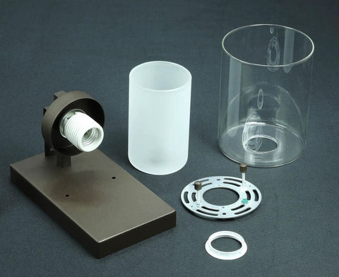 Components of Dark Bronze Vanity Wall Light With Dual Glass Shades, 1 Light Hardwired Indoor Wall Sconce, disassembled view.