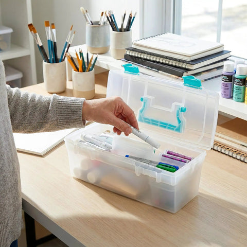 Essentials Lift Out Tray Box For Arts And Crafts Supplies Portable Organizer in use on table showing markers and paint storage