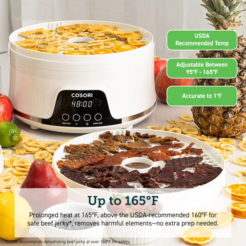 Compact Food Dehydrator With 5 Spacious Trays, Adjustable 95 To 165 Fahrenheit Temp, 48 Hour Timer, total game changer for homemade beef jerky, fruits and healthy savory snacks with dried fruits and jerky.