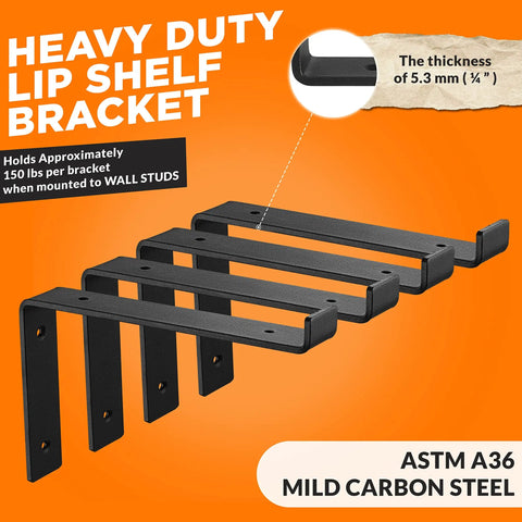 10 Inch Z Shelf Brackets With Lip For 9.25 Inch Boards, Beefy Heavy Duty Black Wall Mounted Shelving Brackets Pack Of 6