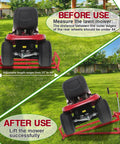 Upgraded Telescopic Lawn Mower Lift Jack for Riding Mowers and Garden Tractors in use lifting a mower at an angle