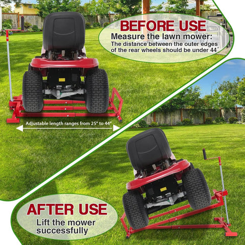 Upgraded Telescopic Lawn Mower Lift Jack for Riding Mowers and Garden Tractors in use lifting a mower at an angle