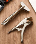 Two Pack 8 Inch And 10 Inch Locking Sheet Metal Pliers Set on wooden surface, heavy duty duck bill design, adjustable tension carbon steel.