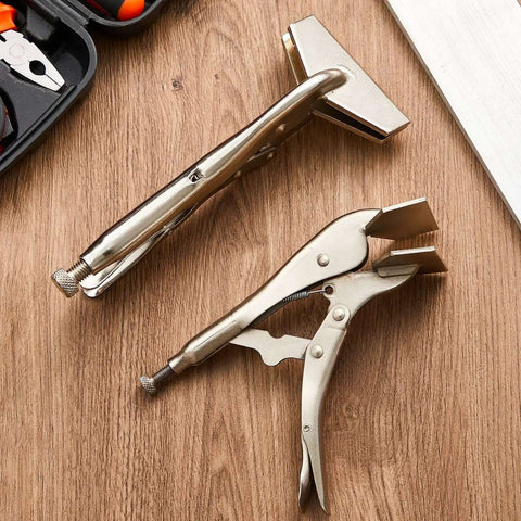 Two Pack 8 Inch And 10 Inch Locking Sheet Metal Pliers Set on wooden surface, heavy duty duck bill design, adjustable tension carbon steel.
