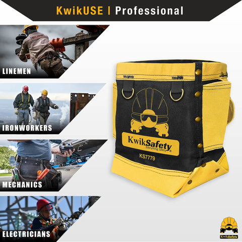 KwikSafety professional tool bag displayed with images of linemen, ironworkers, mechanics, and electricians using similar bags.