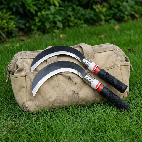Two Piece Hand Sickle Garden Tool Set No Nonsense Heavy Duty Manganese Steel Weed Cutter resting on a canvas bag