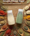Top Shelf Soft Parmesan Cheese Shaker Set Squeezable Spice Jars With Wide Opening Heavy Duty Plastic Seasoning Dispensers on a wooden table with spices.
