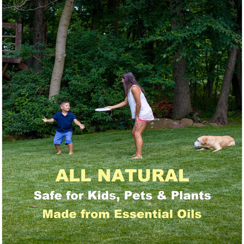 A woman and child playing with a dog in a yard, promoting Plant Based Outdoor Mosquito Fogger Spray For Yard And Garden.
