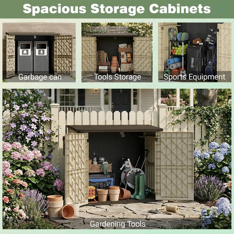 Weatherproof 36 Cu Ft Outdoor Storage Box With Lockable Doors in garden with tools and accessories visible