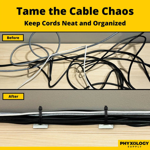 Before and after image showing tidy cables using X Large Cable Tie Mounts 100 Pack With Adhesive Backing Or Screw Holes For Permanent Hold