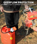 No Strings Attached Cordless Fuel Transfer Pump With Auto Stop for Gas Cans and Oil Jugs being used on a lawn mower.