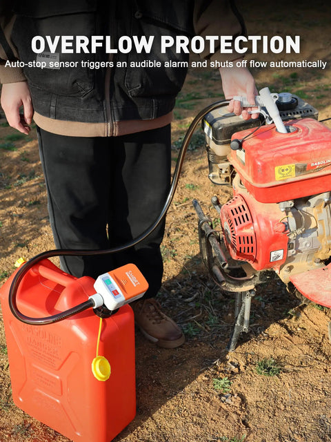 No Strings Attached Cordless Fuel Transfer Pump With Auto Stop for Gas Cans and Oil Jugs being used on a lawn mower.