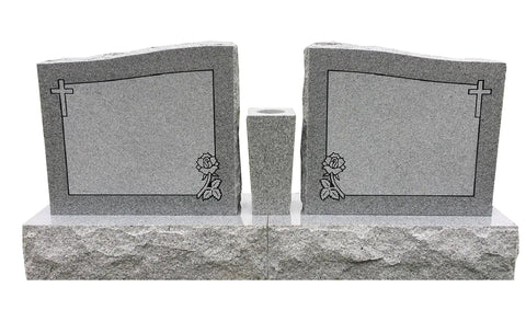 Custom Engraved Two Person Cemetery Memorial With Center Vase, Granite Headstone Double Monument with flowers and cross engravings