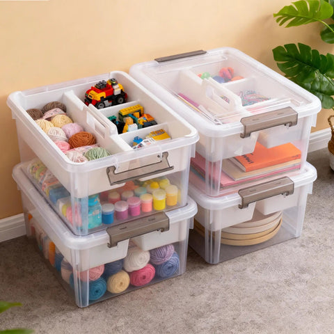 17 Quart Clear Plastic Storage Bins With Four Compartment Removable Tray, Stackable Latching Box For Craft and Office Use