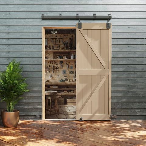 Exterior Box Rail Barn Door Hardware Kit Five Foot Black Sliding Track System installed on gray wall with tan sliding door